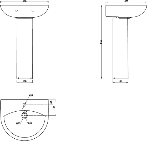 Technical image of Oxford Spek Basin & Pedestal (1 Tap Hole).