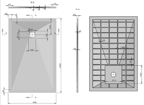 Technical image of Slate Trays Rectangular Shower Tray With Waste 1400x900mm (Anthracite).