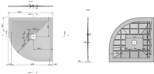 Technical image of Slate Trays Quadrant Shower Tray With Waste 800x800mm (White).