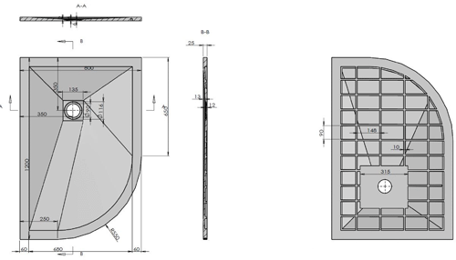 Technical image of Slate Trays Offset Quad Shower Tray With Waste 1200x800mm (White, LH).