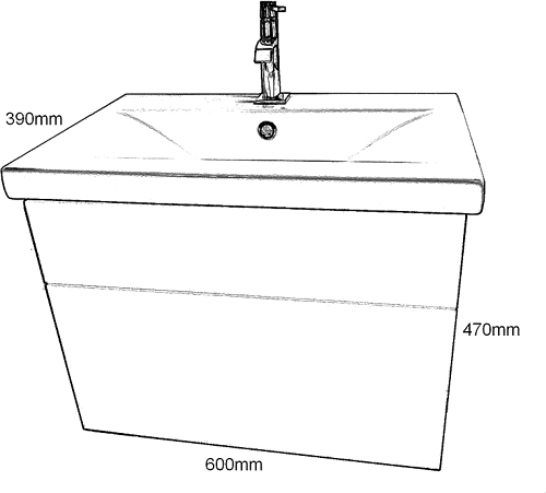 Technical image of Hydra Wall Hung Vanity Unit With Drawer & Basin (Macasser), 600x390mm.