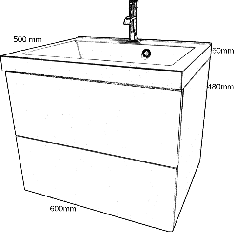 Technical image of Hydra Wall Hung Vanity Unit With Drawer & Basin (Burgundy), 600x500mm.