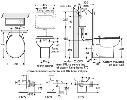 Technical image of Ideal Standard Studio 2 Piece Bathroom Suite.