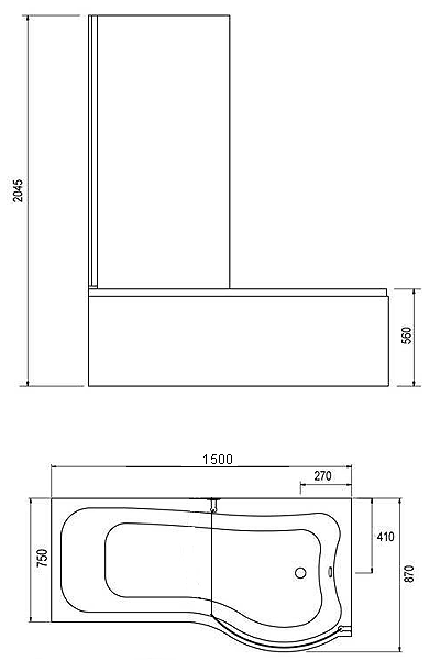 Technical image of Hydra Complete Shower Bath With Screen & Door (Right Hand). 1500x750mm.