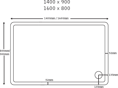 Technical image of JT40 Fusion Slimline Rectangular Shower Tray. 1600x800x40mm.