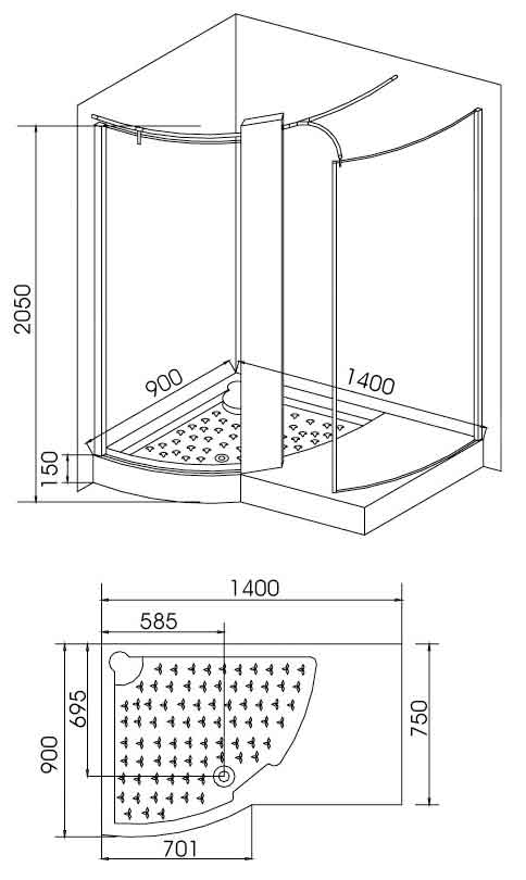 Technical image of Lucy Erith left hand shower enclosure + thermostatic shower panel.