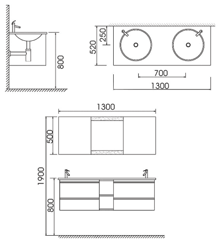 Technical image of Lucy Ferrol complete wall hung dark glass twin basin set.