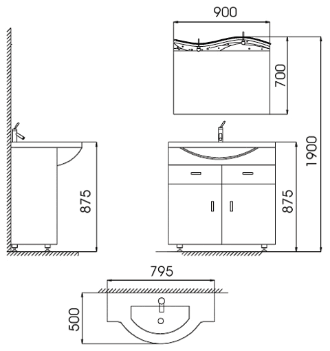 Technical image of Lucy Muros 800mm white vanity unit with one piece ceramic basin.