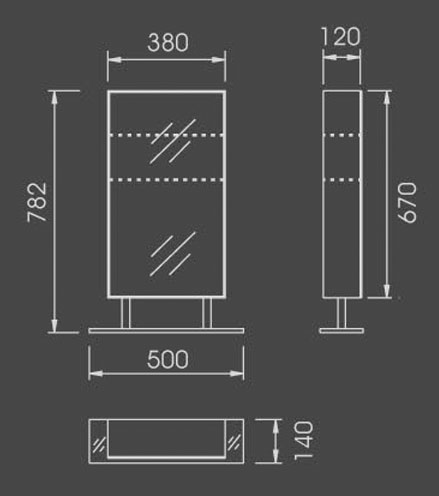 Technical image of Lucy Yate stainless steel bathroom cabinet.  500x782mm.