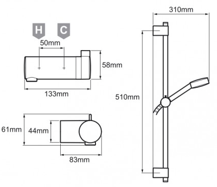 Technical image of Mira Agile Exposed Thermostatic Shower Valve With Slide Rail Kit (Chrome).