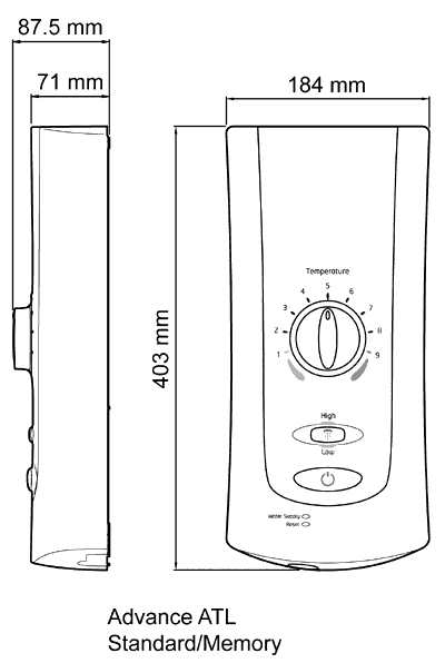 Technical image of Mira Electric Showers Mira Advance ATL Memory 9.0kW, white & chrome.