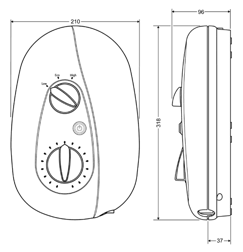 Technical image of Mira Vie 9.5kW Electric Shower In White & Chrome.