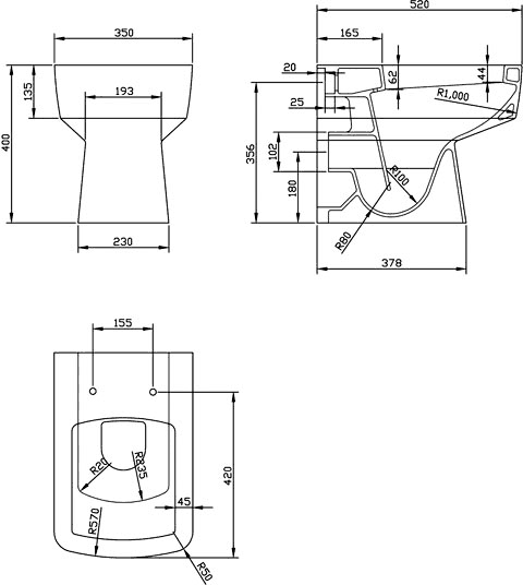 Technical image of Crown Ceramics Bliss Square Back To Wall Toilet Pan With Seat.