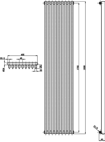 Technical image of Crown Radiators Cypress 5527 BTU Radiator (Black). 1800x405mm.