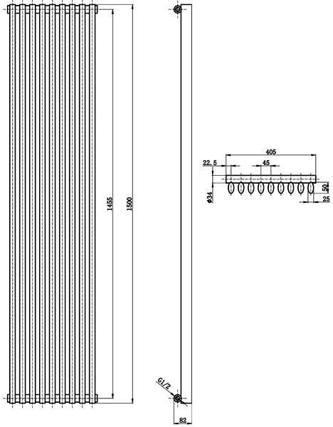 Technical image of Crown Radiators Cypress 4145 BTU Radiator (White). 405x1500mm.