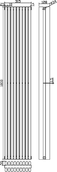 Technical image of Crown Radiators Cypress 5036 BTU Radiator (Anthracite). 1800x315mm.