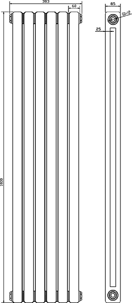 Technical image of Crown Radiators Peony Double Radiator. 6702 BTU (White). 1800mm Tall.