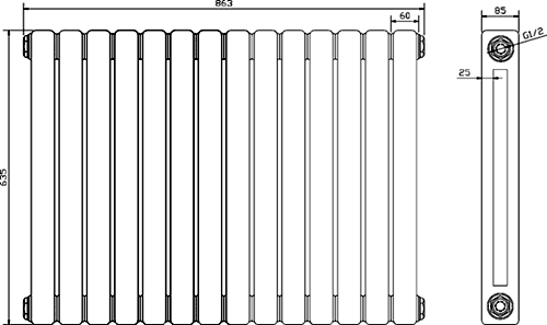 Technical image of Crown Radiators Peony Double Radiator. 5108 BTU (Anthracite). 863x635mm.