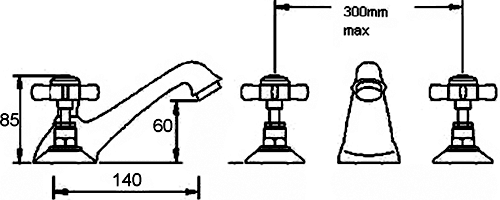 Technical image of Crown Traditional 3 Tap Hole Basin Mixer Tap (Chrome).