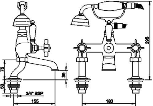 Technical image of Crown Traditional 3/4" Bath Shower Mixer Tap With Cranked Legs (Chrome).