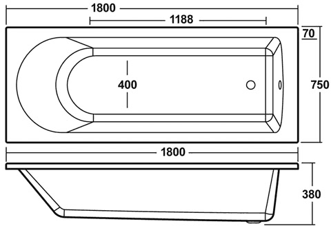 Technical image of Crown Baths Barmby Single Ended Acrylic Bath & Panels. 1800x750mm