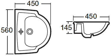 Technical image of Crown Ceramics Linton Semi Recessed Basin (1 Tap Hole).