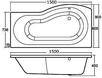 Technical image of Crown Baths Shower Bath With Screen & Panels (1500mm, Left Handed).