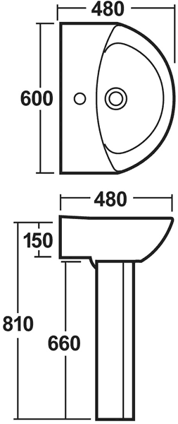 Technical image of Crown Ceramics Knedlington 4 Piece Suite, Toilet, Seat & 600mm Basin.