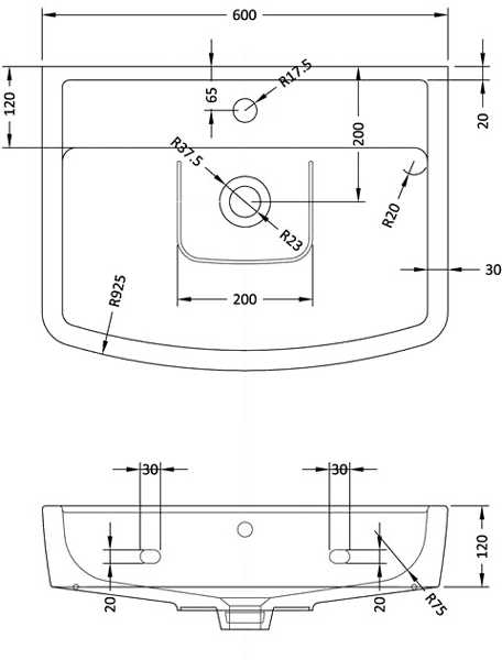 Technical image of Crown Ceramics Bliss 4 Piece Bathroom Suite With Toilet & 600mm Basin.