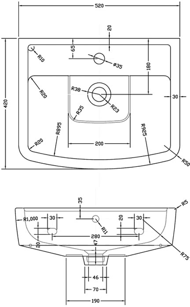 Technical image of Crown Ceramics Bliss 4 Piece Bathroom Suite With Toilet & 520mm Basin.