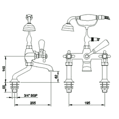 Technical image of Hudson Reed Topaz Bath shower mixer (Antique Gold)