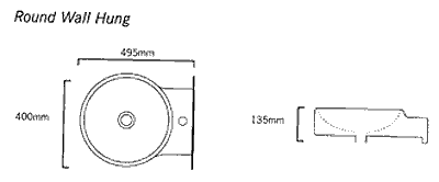 Technical image of Flame Round Wall Hung Basin With No Tap Hole. 400 x 495mm.