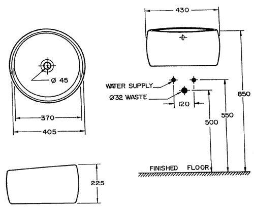 Technical image of Ofuro Basin for counter top.  430mm diameter.