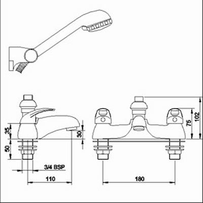 Technical image of Loop 3/4" Bath shower mixer including kit