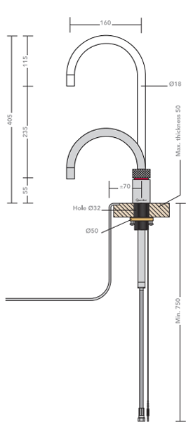 Technical image of Quooker Nordic Round Boiling Water Tap & Drip Tray. PRO7 (P Chrome).