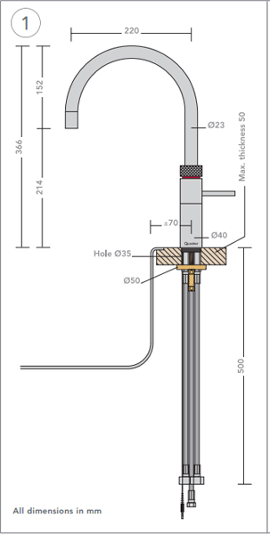 Technical image of Quooker Fusion Round Boiling Water Kitchen Tap. PRO11 (Polished Chrome).