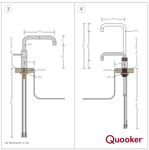 Technical image of Quooker Nordic Square Twintaps Instant Boiling Tap. PRO11 (Polished Chrome).