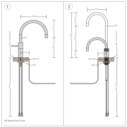 Technical image of Quooker Nordic Round Twintaps Instant Boiling Tap. PRO11 (Polished Chrome).