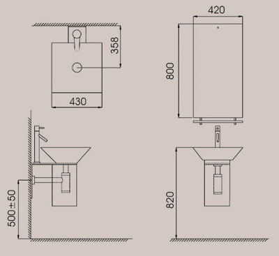 Technical image of Reflections Shaw wall hung glass basin set.