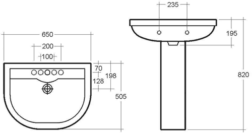 Technical image of RAK Charlton 1 Tap Hole Basin & Pedestal. 650mm.