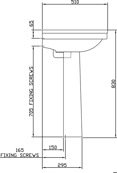 Technical image of Shires Corinthian Basin & Pedestal (1 Tap Hole).  Size 655x510mm.