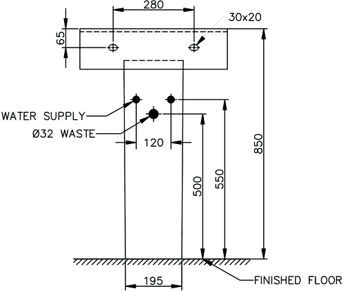 Technical image of Shires Parisi Basin & Pedestal (1 Tap Hole).  Size 510x400mm.