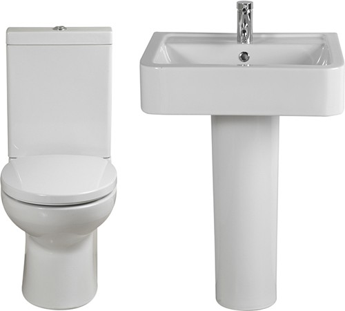 Larger image of Shires Parisi 4 Piece Bathroom Suite, Toilet, Soft Close Seat, 58cm Basin.