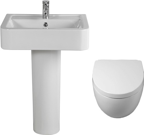 Larger image of Shires Parisi 3 Piece Bathroom Suite, Wall Hung Toilet Pan & 58cm Basin.