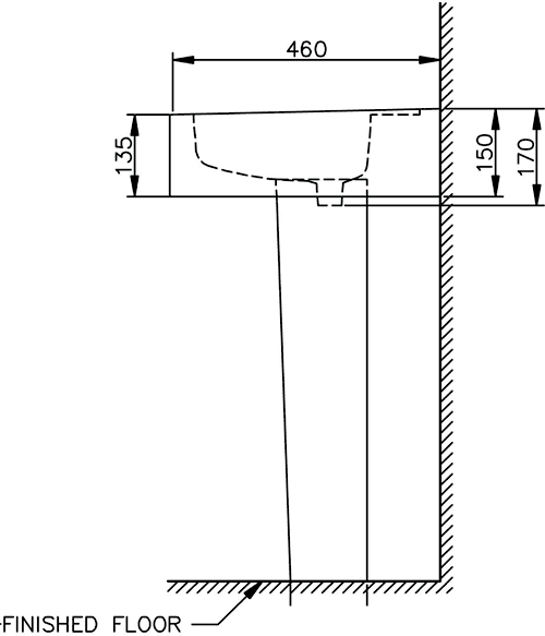 Technical image of Shires Parisi 3 Piece Bathroom Suite, Wall Hung Toilet Pan & 58cm Basin.