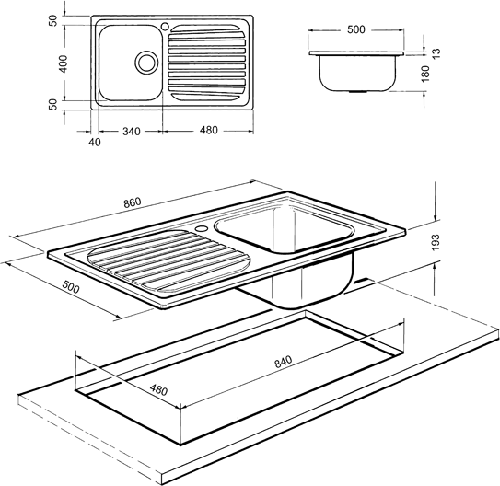 Technical image of Smeg Sinks Cucina 1.0 Single Bowl Reversible Kitchen Sink With Drainer.