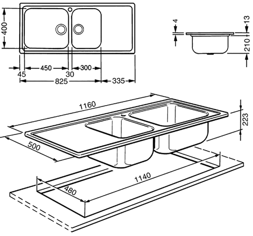 Technical image of Smeg Sinks Alba 1.5 Bowl Sink With Left Hand Drainer (Stainless Steel).