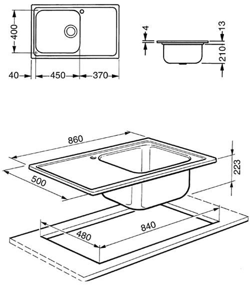 Technical image of Smeg Sinks Alba 1.0 Single Bowl Sink With Right Hand Drainer (S Steel).