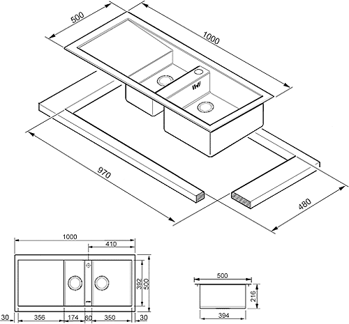 Technical image of Smeg Sinks 1.5 Bowl Low Profile Stainless Steel Sink, Left Hand Drainer.