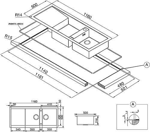 Technical image of Smeg Sinks 2.0 Bowl Stainless Steel Flush Fit Sink, Right Hand Drainer.